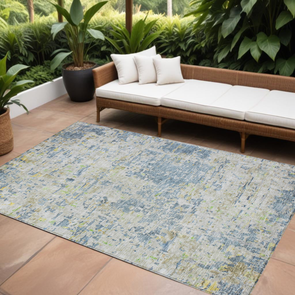8' X 10' Blue Gray And Green Abstract Washable Indoor Outdoor Area Rug