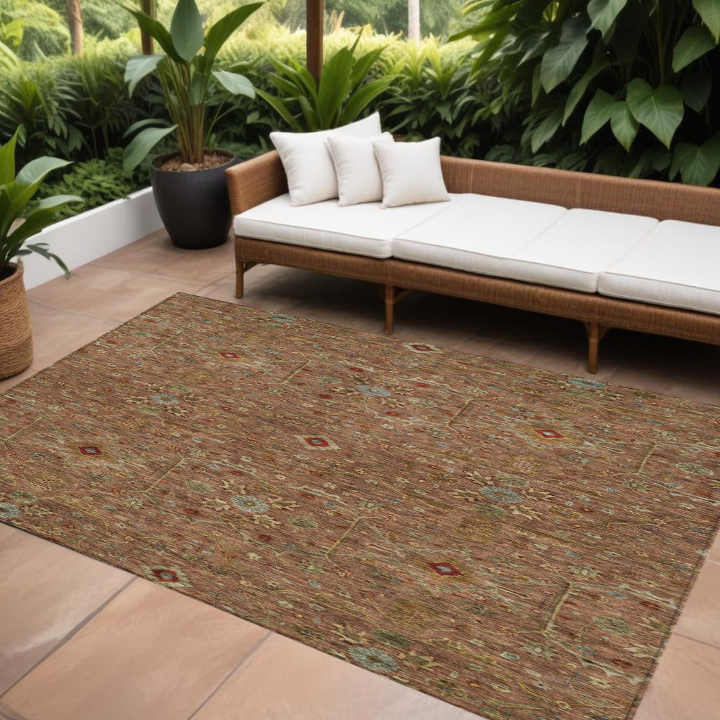8' X 10' Brown Red And Green Floral Washable Indoor Outdoor Area Rug