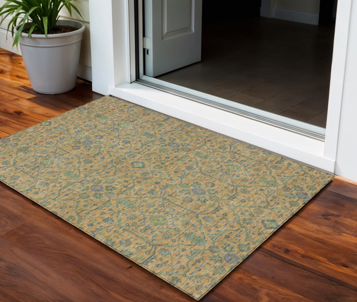 3' X 5' Orange Blue And Green Floral Washable Indoor Outdoor Area Rug