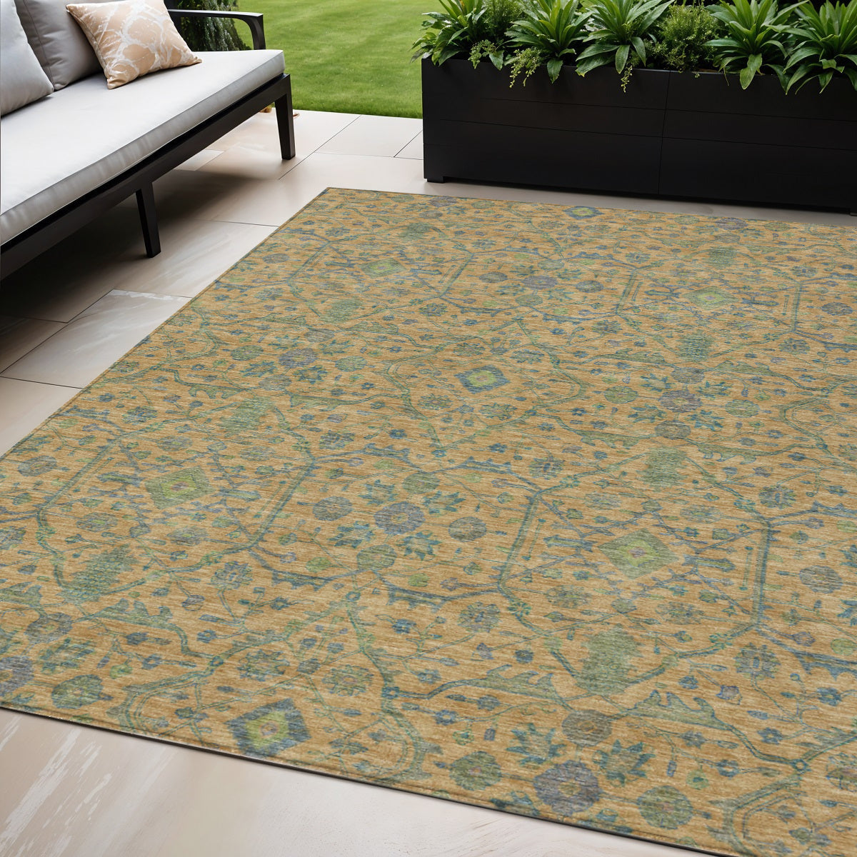 5' X 8' Orange Blue And Green Floral Washable Indoor Outdoor Area Rug