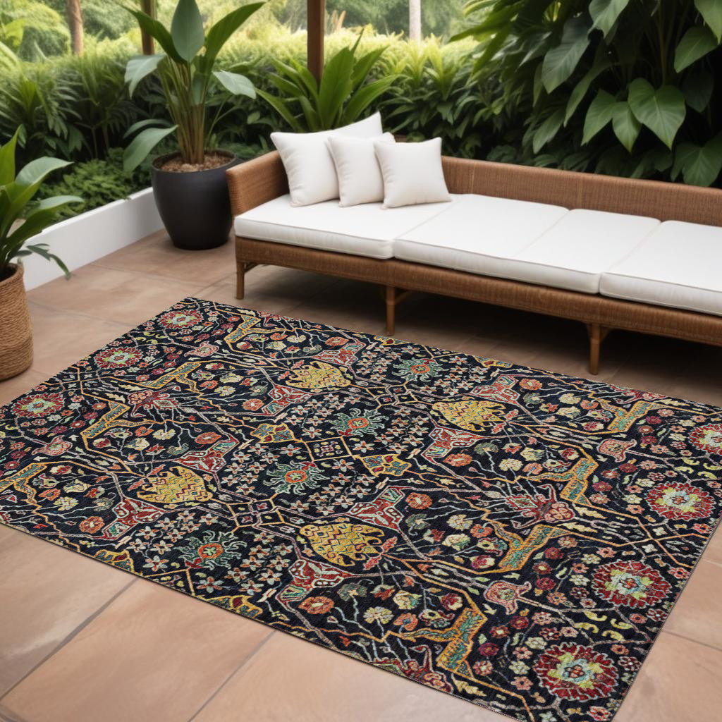 8' X 10' Black Red And Gold Floral Washable Indoor Outdoor Area Rug