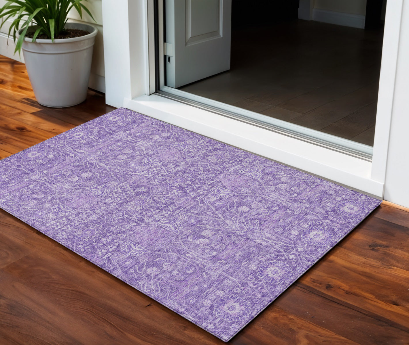 3' X 5' Plum And Lavender Floral Washable Indoor Outdoor Area Rug