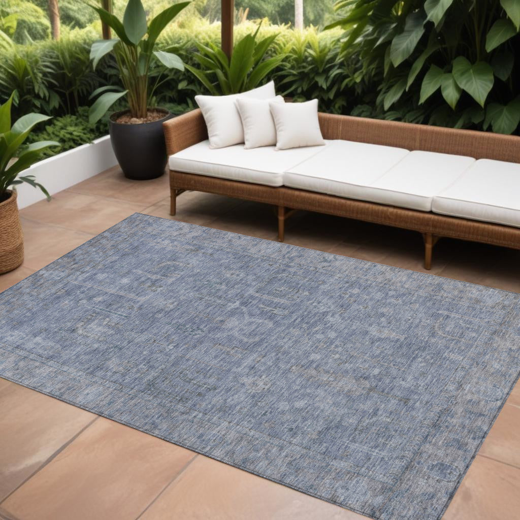 9' X 12' Denim Blue And Gray Oriental Washable Indoor Outdoor Area Rug