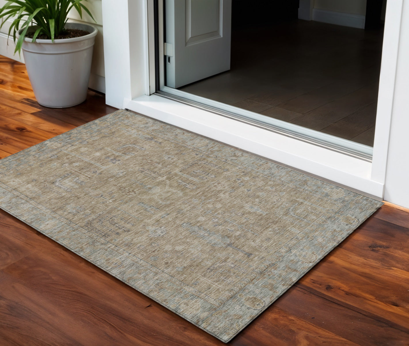 3' X 5' Tan Gray And Brown Oriental Washable Indoor Outdoor Area Rug