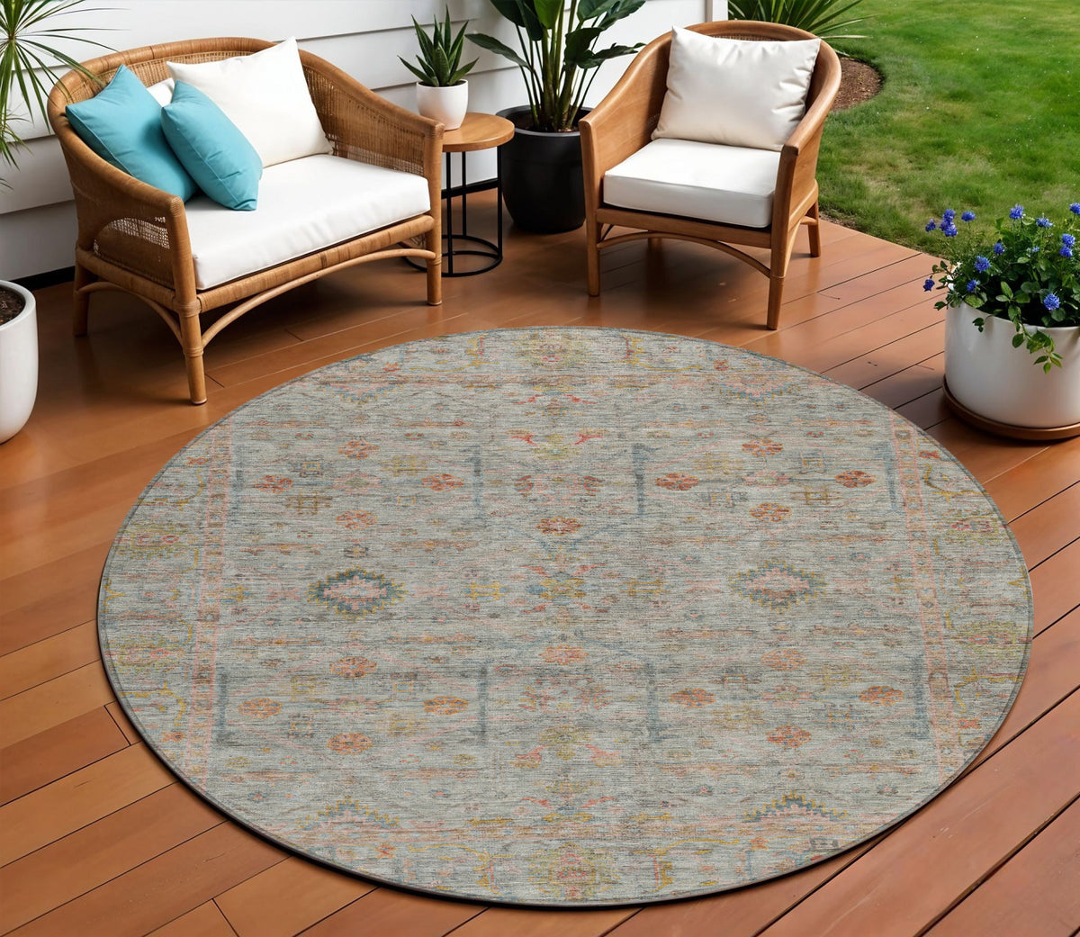 8' Taupe Terra Cotta And Tan Round Floral Washable Indoor Outdoor Area Rug