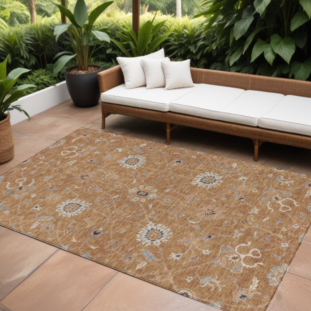 8' X 10' Copper Ivory And Black Floral Washable Indoor Outdoor Area Rug