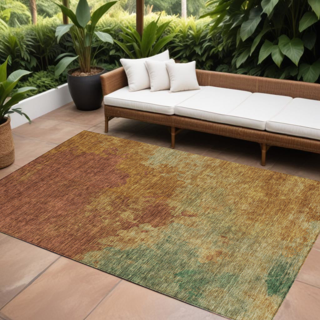 8' X 10' Terra Cotta Copper And Green Abstract Washable Indoor Outdoor Area Rug