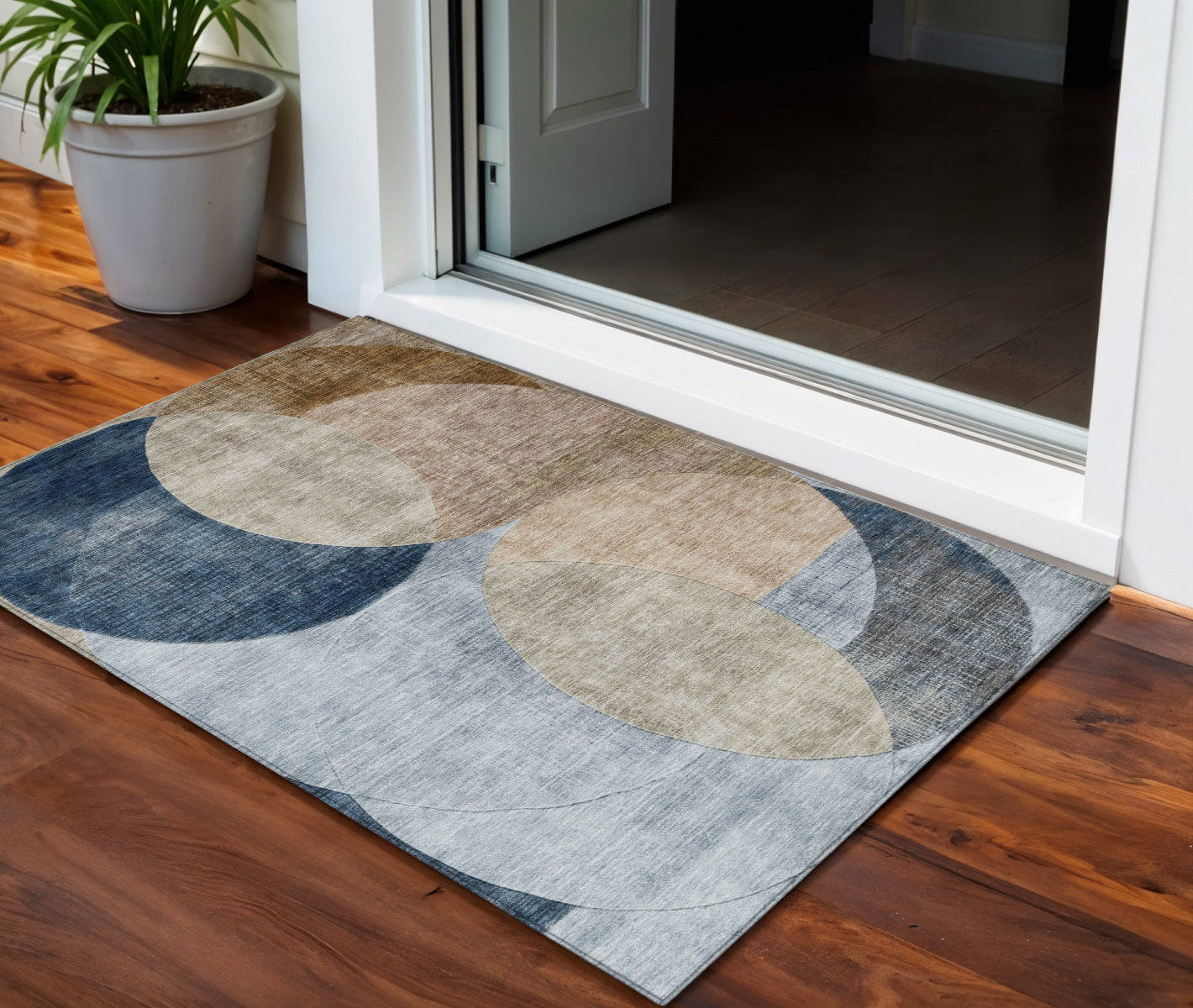 3' X 5' Sky Blue Brown And Beige Geometric Washable Indoor Outdoor Area Rug