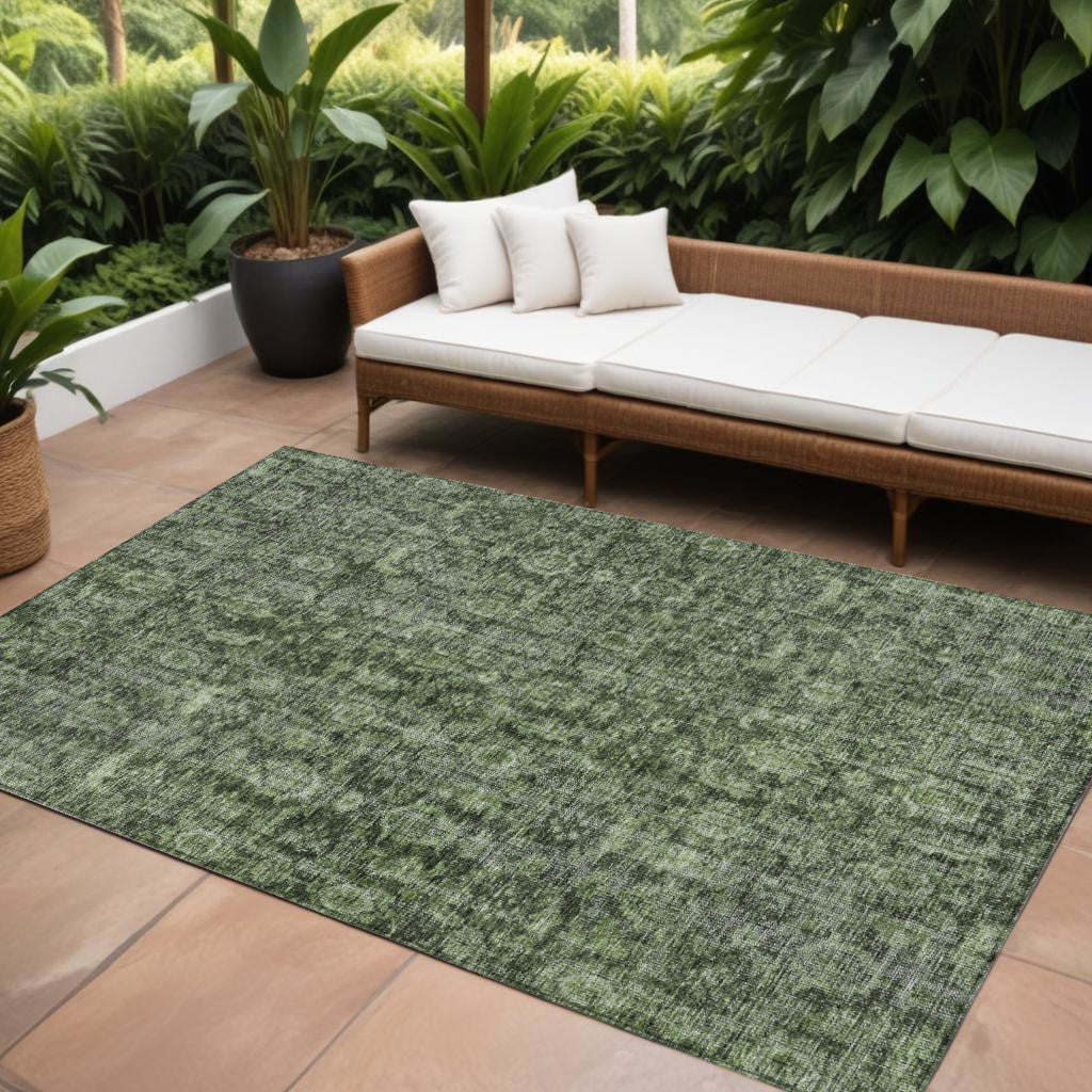 8' X 10' Artichoke Green And Black Damask Washable Indoor Outdoor Area Rug