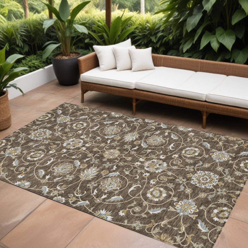 8' X 10' Chocolate Ivory And Gray Moroccan Washable Indoor Outdoor Area Rug