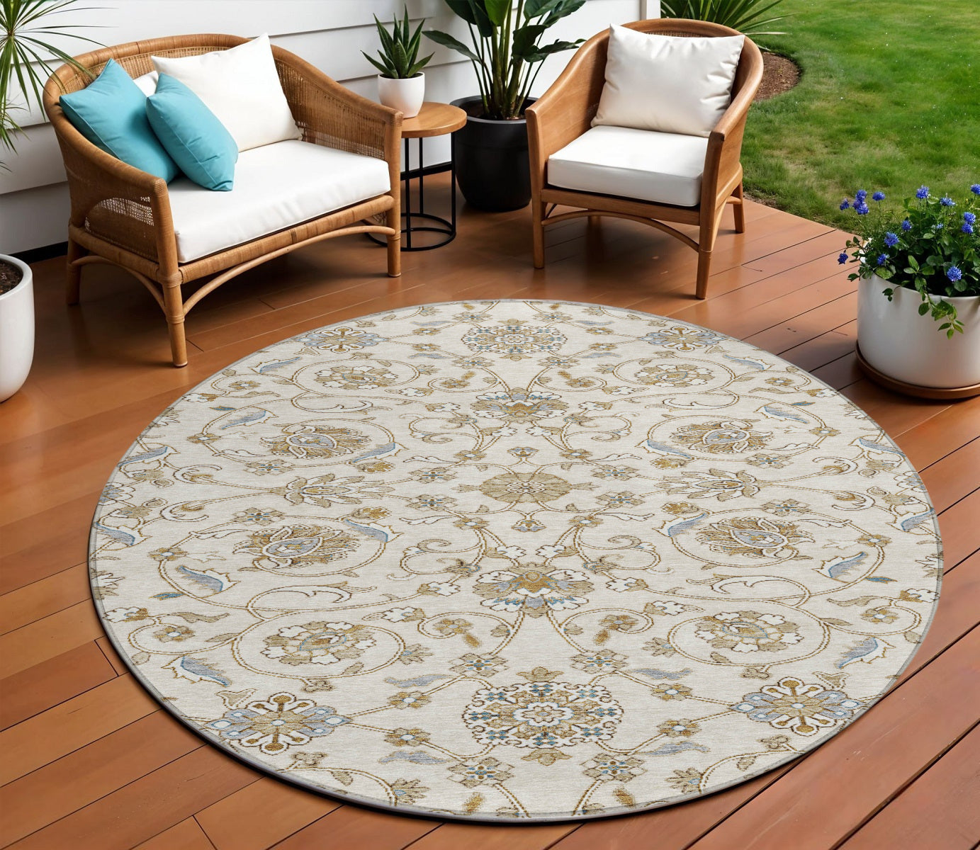 8' Ivory Brown And Gray Round Moroccan Washable Indoor Outdoor Area Rug