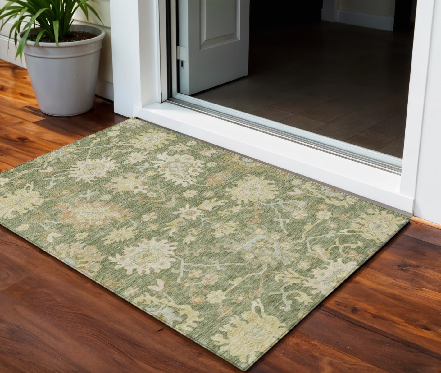 3' X 5' Artichoke Green Ivory And Tan Floral Washable Indoor Outdoor Area Rug