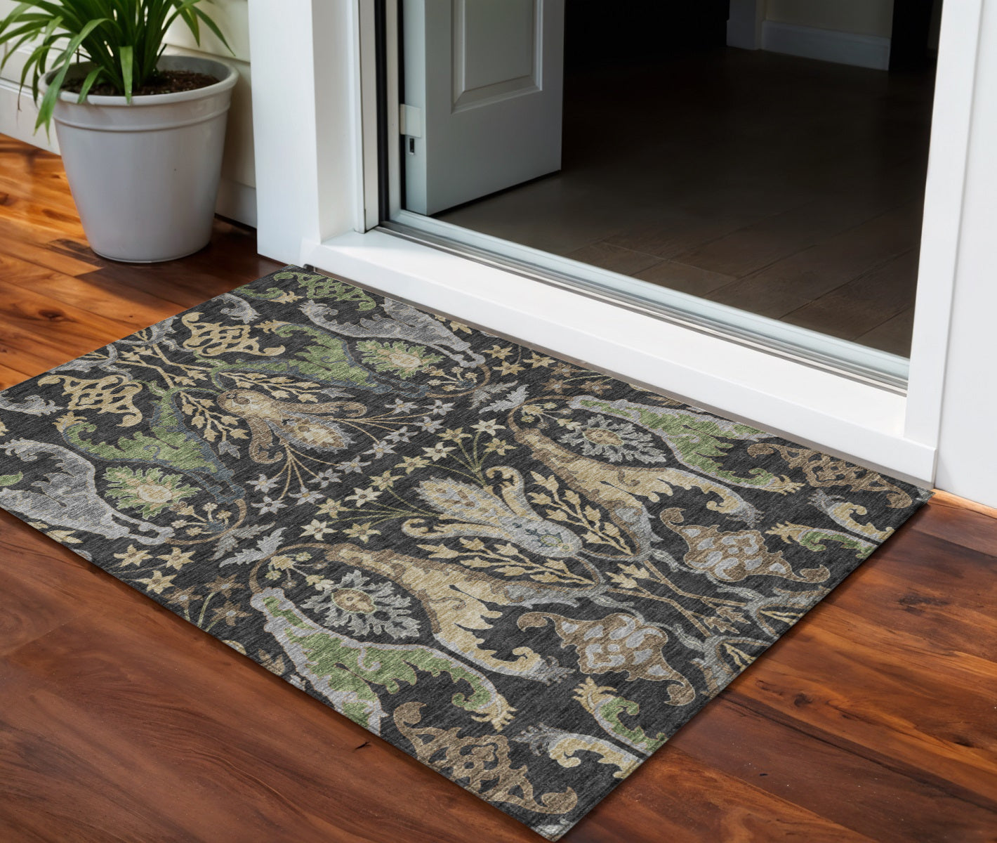 3' X 5' Black Green And Brown Floral Washable Indoor Outdoor Area Rug