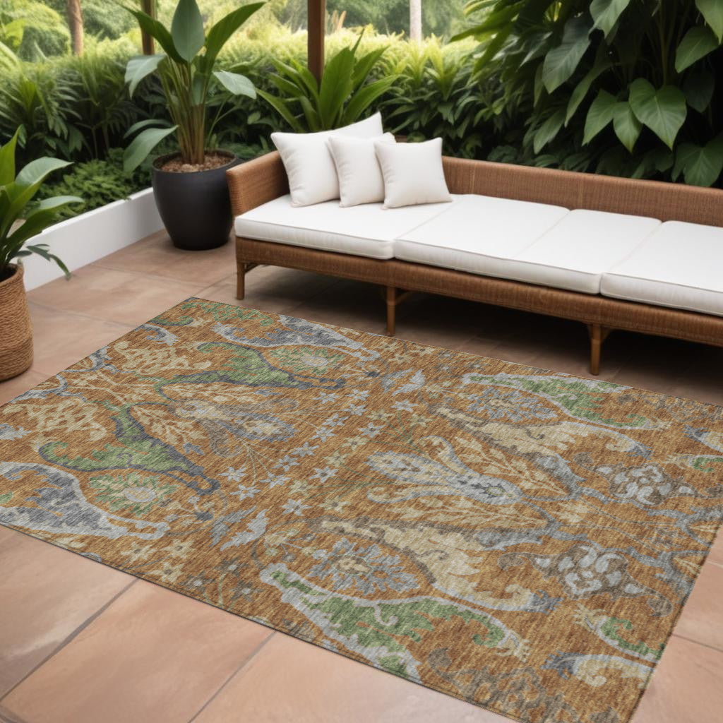 8' X 10' Copper Green And Beige Floral Washable Indoor Outdoor Area Rug