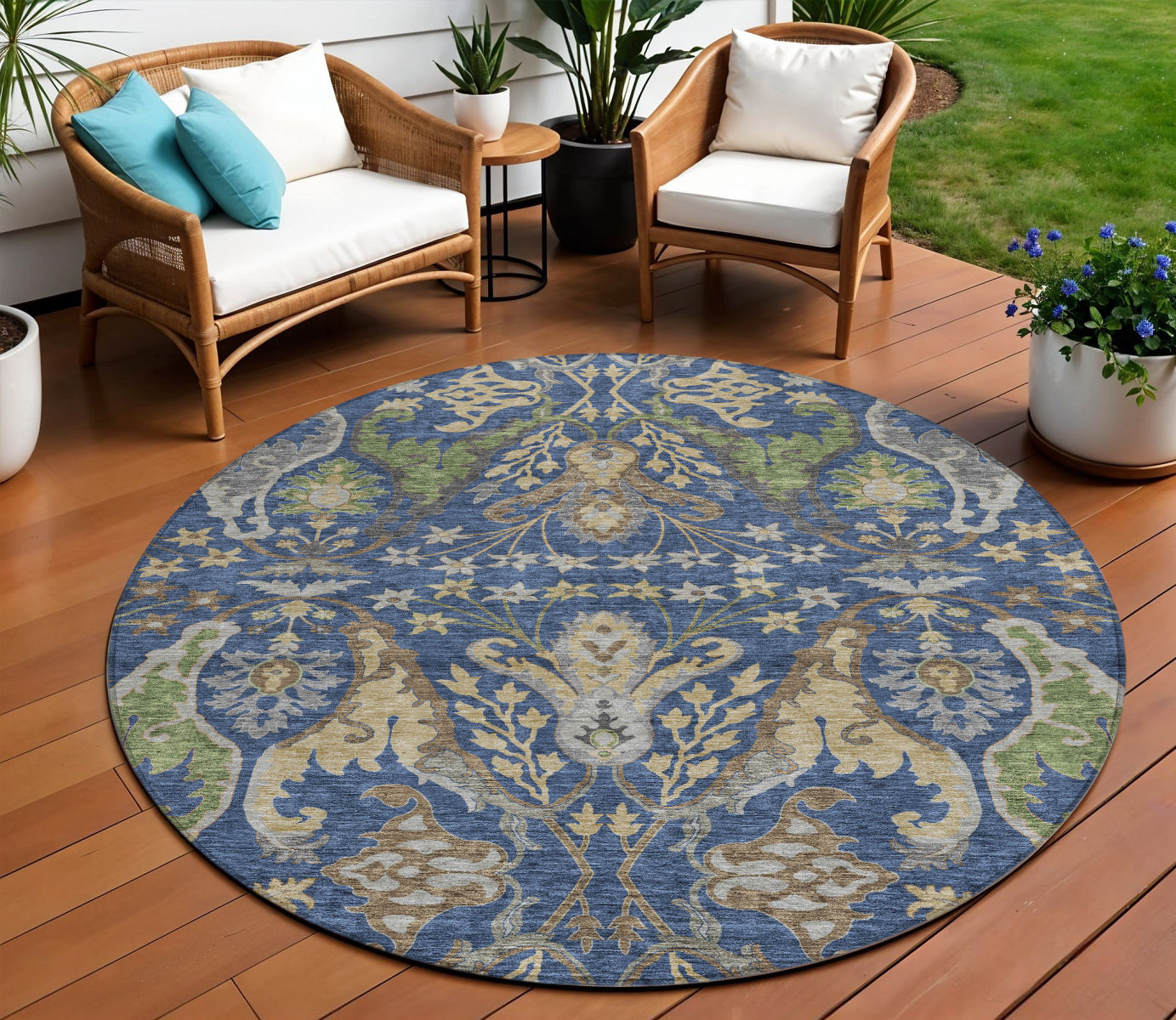 8' Navy Blue Green And Brown Round Floral Washable Indoor Outdoor Area Rug