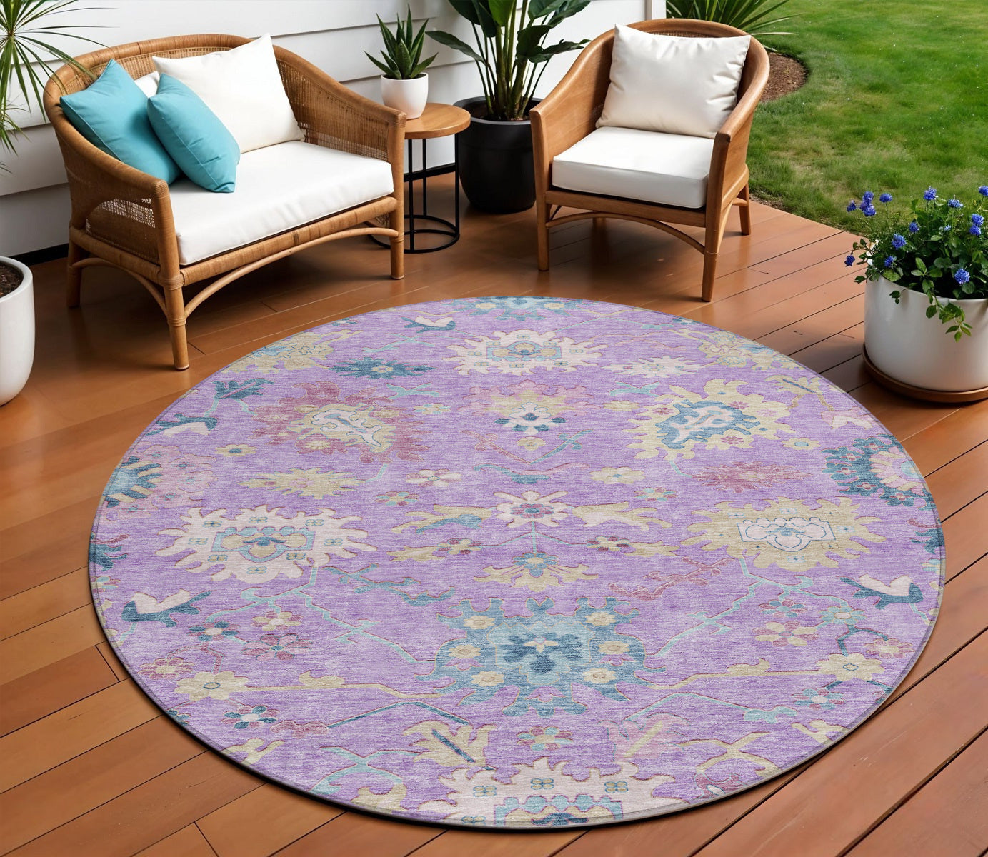 8' Purple Ivory And Denim Blue Round Floral Washable Indoor Outdoor Area Rug