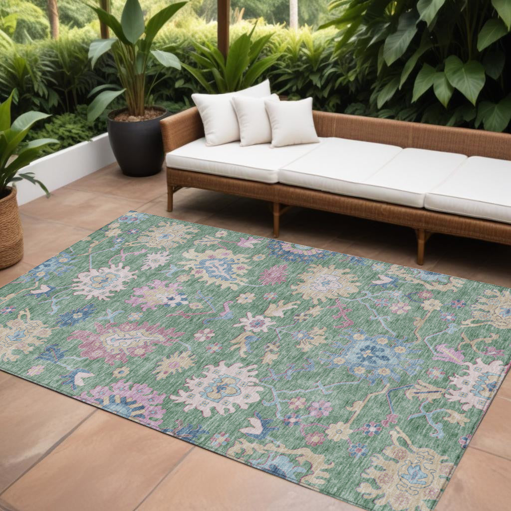 10' X 14' Sage Ivory And Pink Floral Washable Indoor Outdoor Area Rug