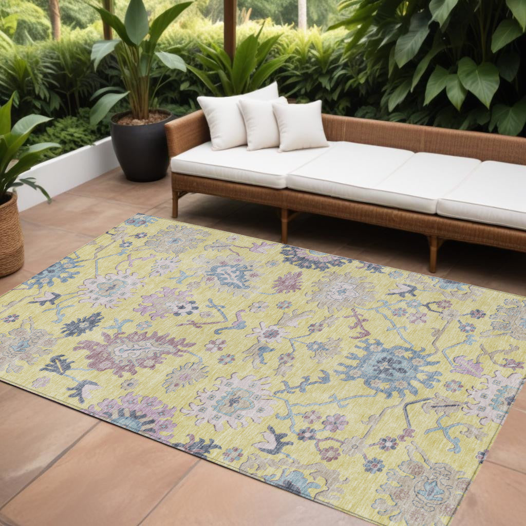 10' X 14' Yellow Lavender And Denim Blue Floral Washable Indoor Outdoor Area Rug