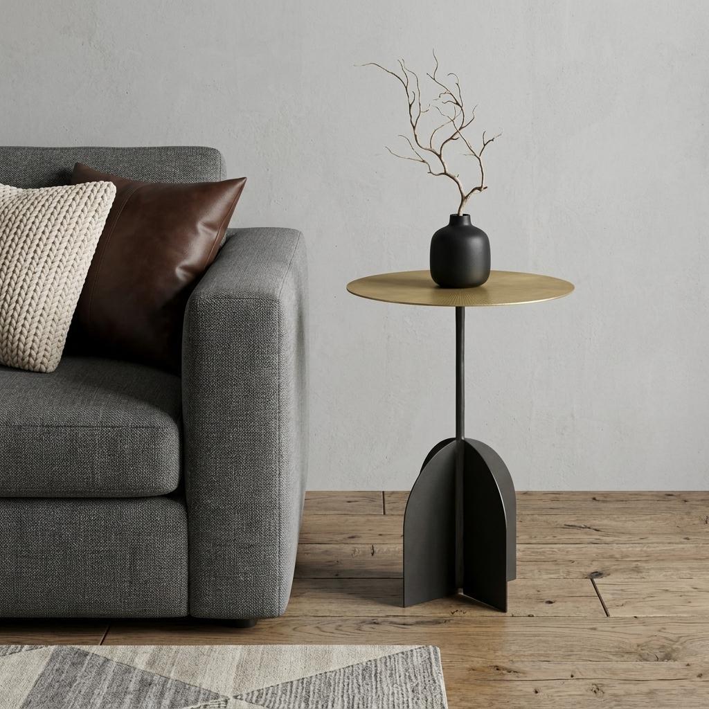 23 Inch Brass Brass and Black Iron Round Pedestal End Table