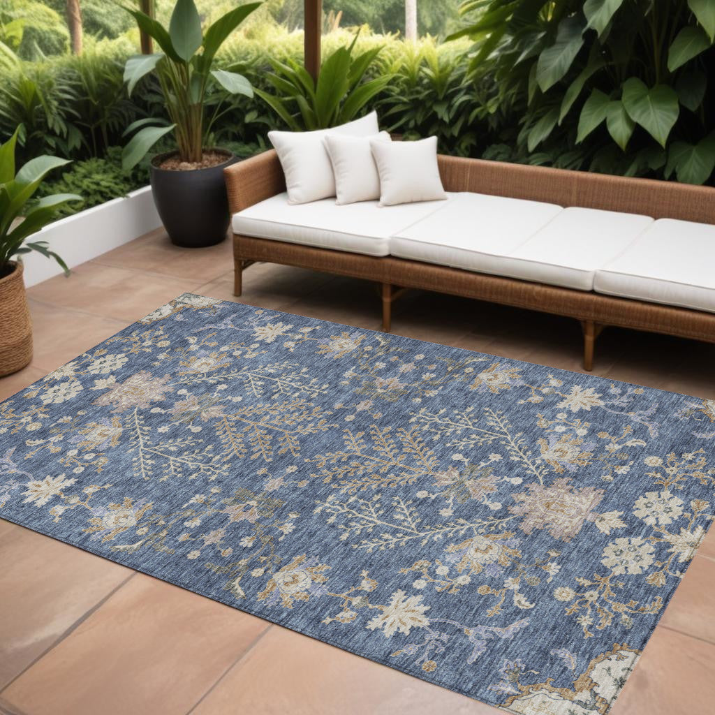 9' X 12' Blue Brown And Beige Floral Washable Indoor Outdoor Area Rug
