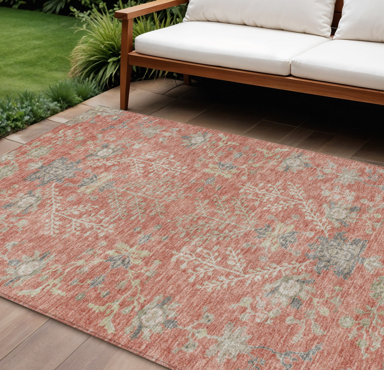 9' X 12' Coral Charcoal And Gray Floral Washable Indoor Outdoor Area Rug