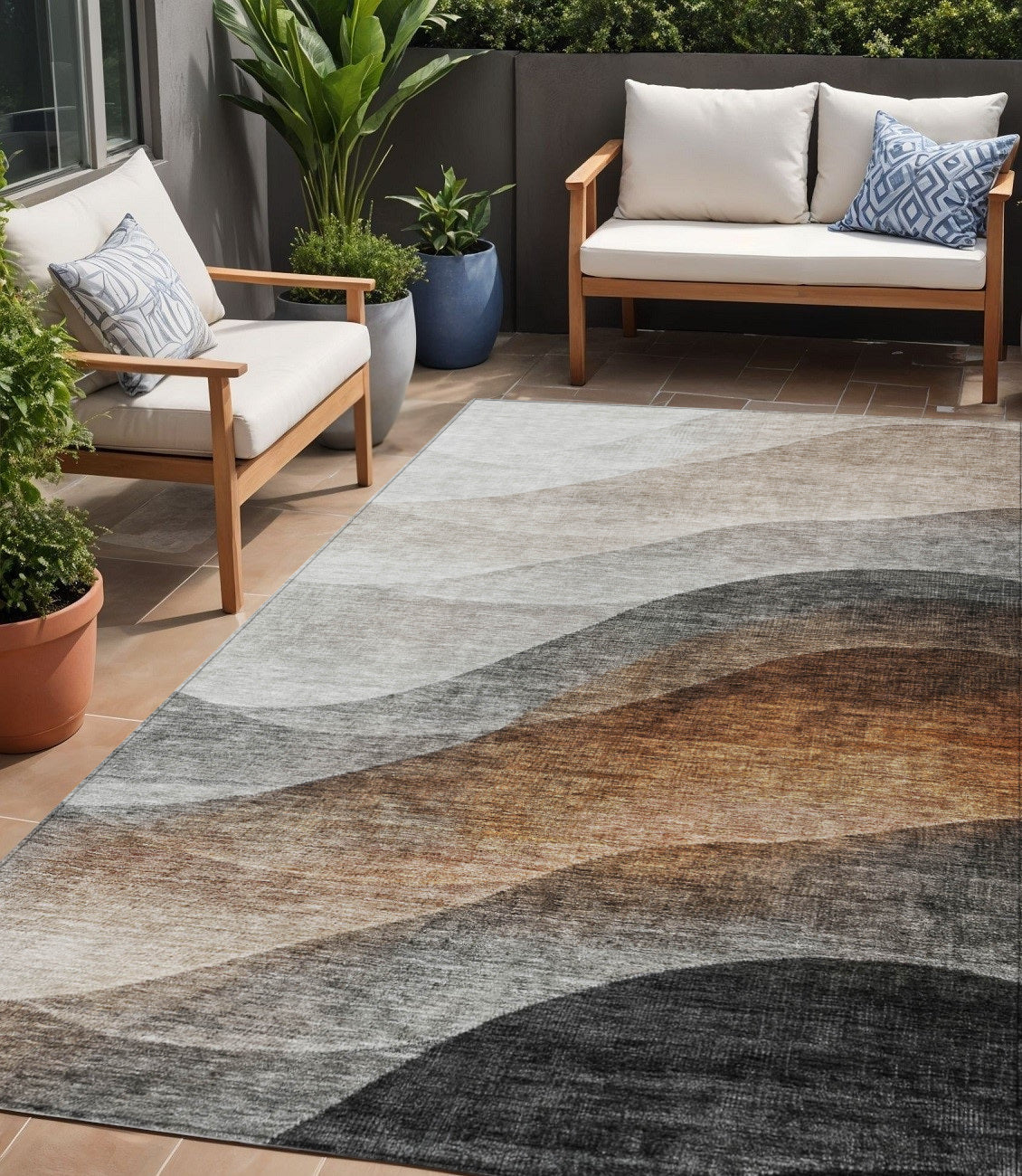 5' X 8' Khaki Black And Terra Cotta Abstract Washable Indoor Outdoor Area Rug
