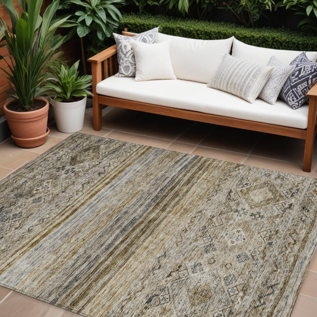 10' X 14' Brown Tan And Black Floral Washable Indoor Outdoor Area Rug