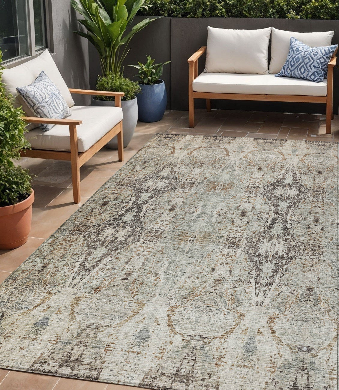 5' X 8' Linen Black And Brown Floral Washable Indoor Outdoor Area Rug