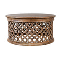 39 Inch Brown Solid Wood Round Distressed Drum Coffee Table