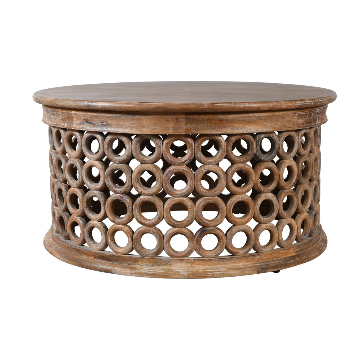39 Inch Brown Solid Wood Round Distressed Drum Coffee Table