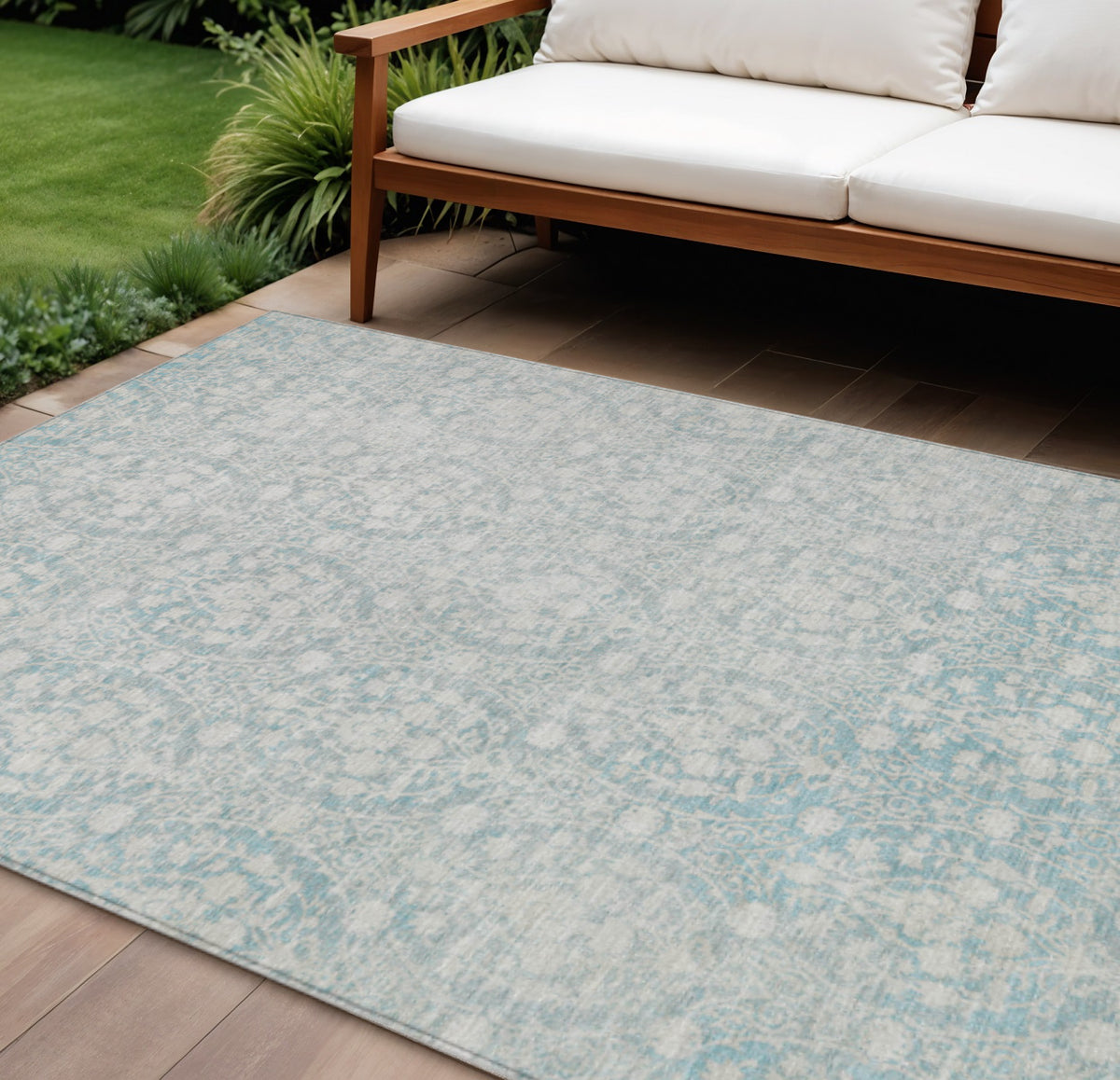 10 X 14 Aqua Damask Washable Indoor Outdoor Area Rug