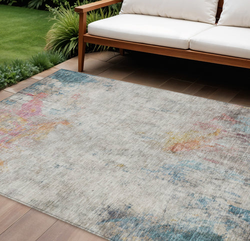 10 X 14 Teal Blue Abstract Washable Indoor Outdoor Area Rug