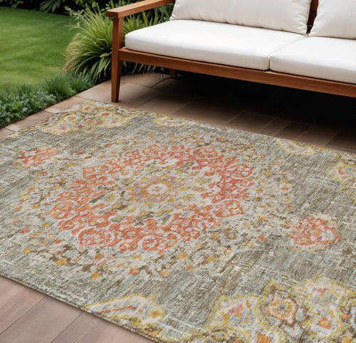 10 X 14 Brown Floral Medallion Washable Indoor Outdoor Area Rug