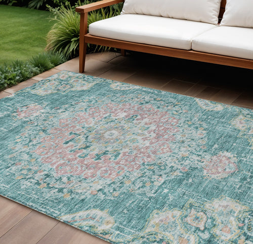 10 X 14 Teal Blue Floral Medallion Washable Indoor Outdoor Area Rug