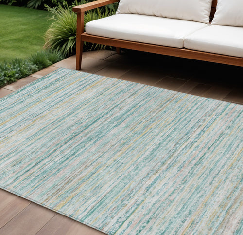 10 X 14 Teal Blue Striped Washable Indoor Outdoor Area Rug