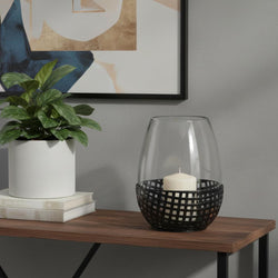 10 Black Woven Metal And Glass Tabletop Hurricane Candle Holder