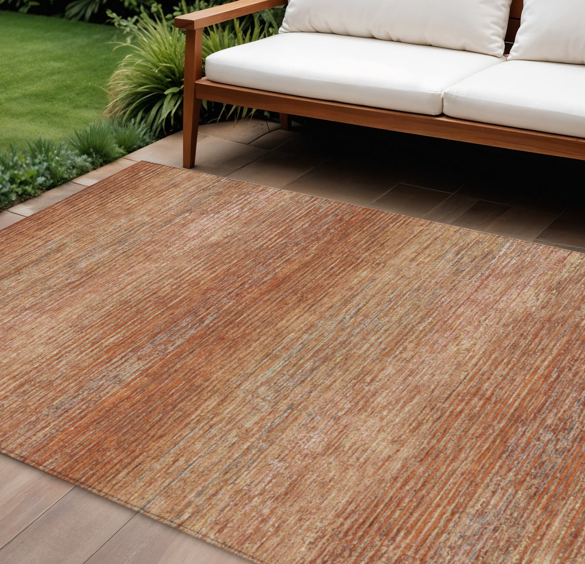 10 X 14 Copper Striped Washable Indoor Outdoor Area Rug