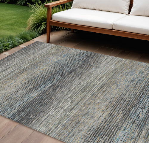 10 X 14 Granite Gray Striped Washable Indoor Outdoor Area Rug