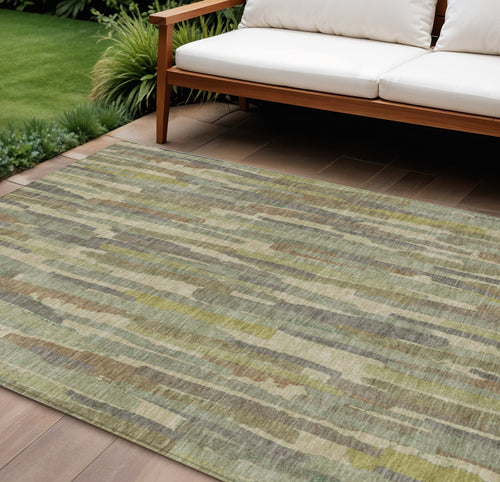 10 X 14 Artichoke Green And Ivory Striped Washable Indoor Outdoor Area Rug