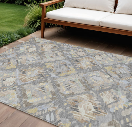 10 X 14 Gray And Brown Geometric Washable Indoor Outdoor Area Rug
