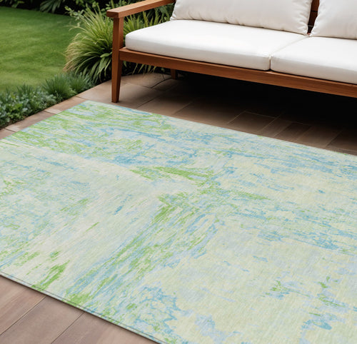 10 X 14 Mint Green And Blue Abstract Washable Indoor Outdoor Area Rug