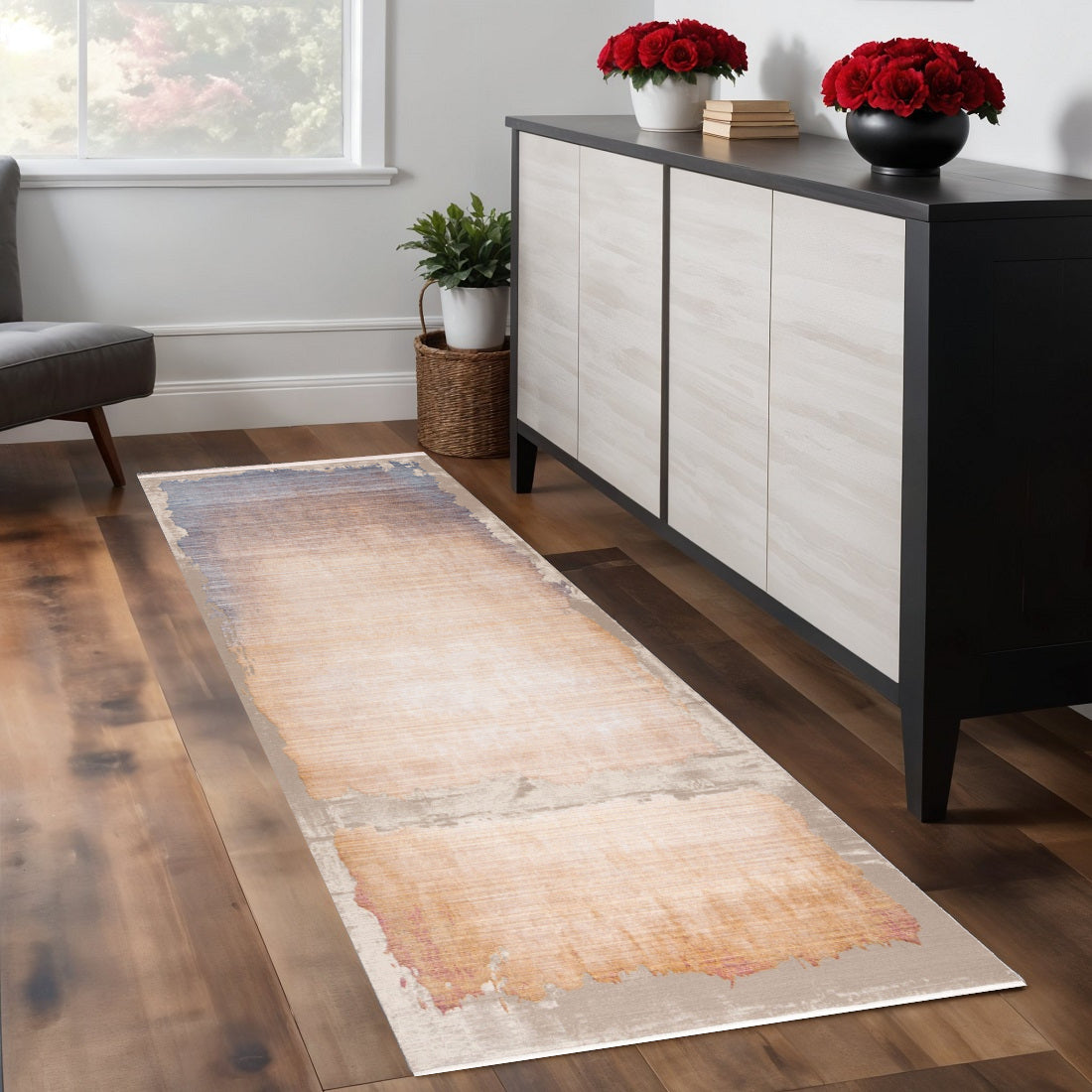 7 Beige Blue And Brown Abstract Runner Rug
