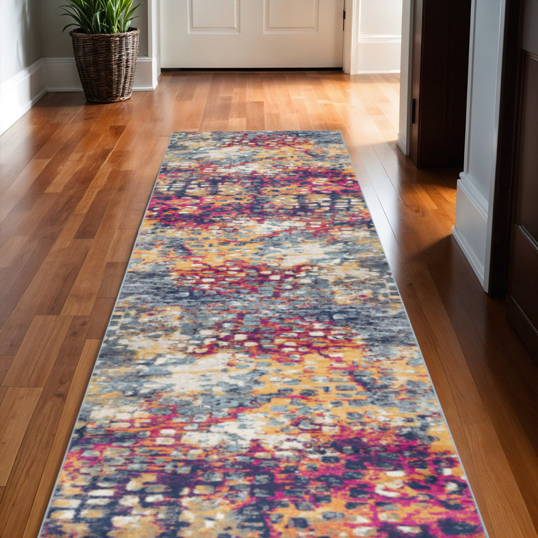 19 Runner Yellow And Blue Abstract Runner Rug