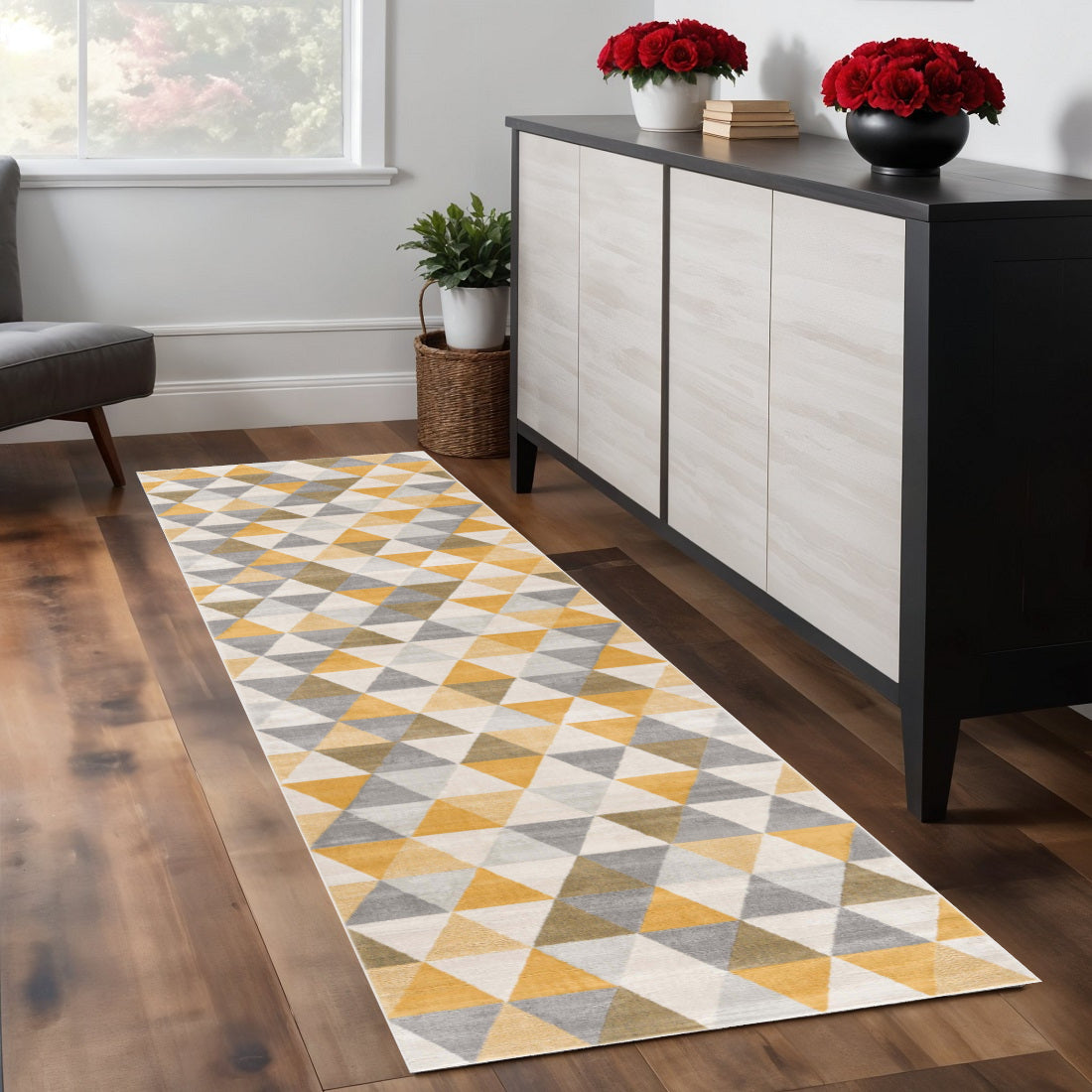 7 Yellow Beige And Gray Geometric Runner Rug