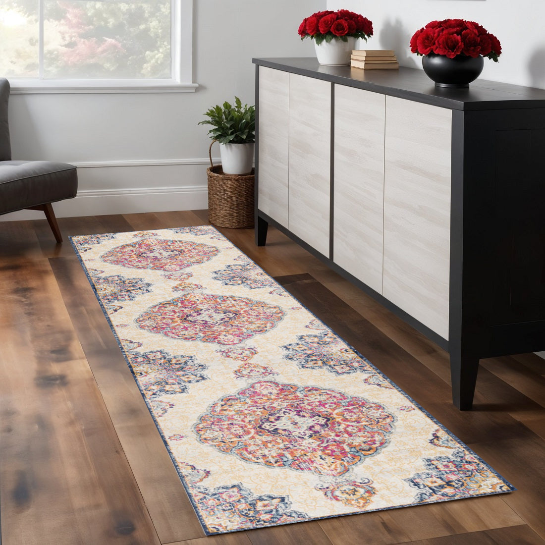 7 Beige Rust And Purple Medallion Runner Rug