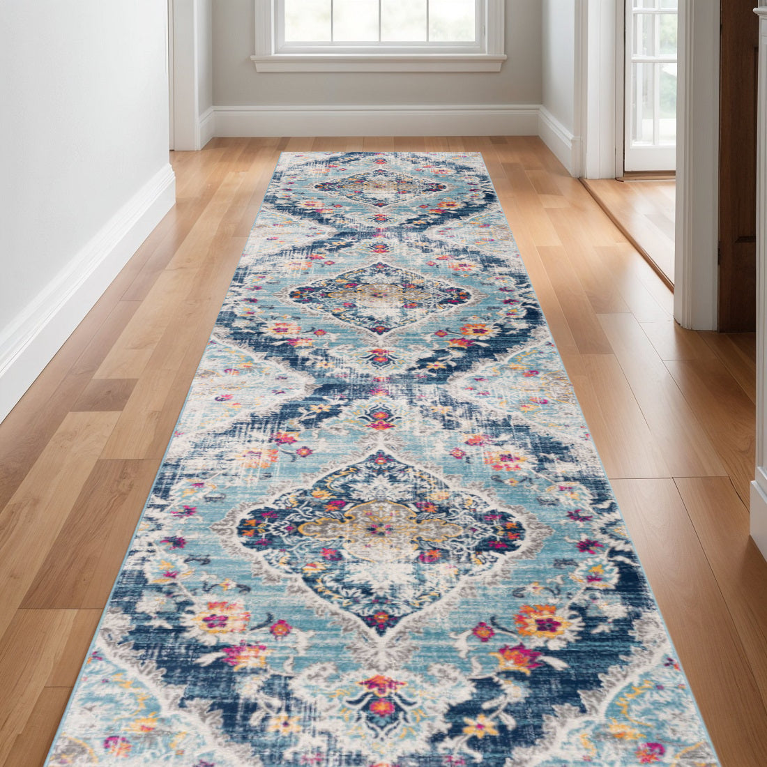 30 Runner Blue Gray And Ivory Medallion Area Rug