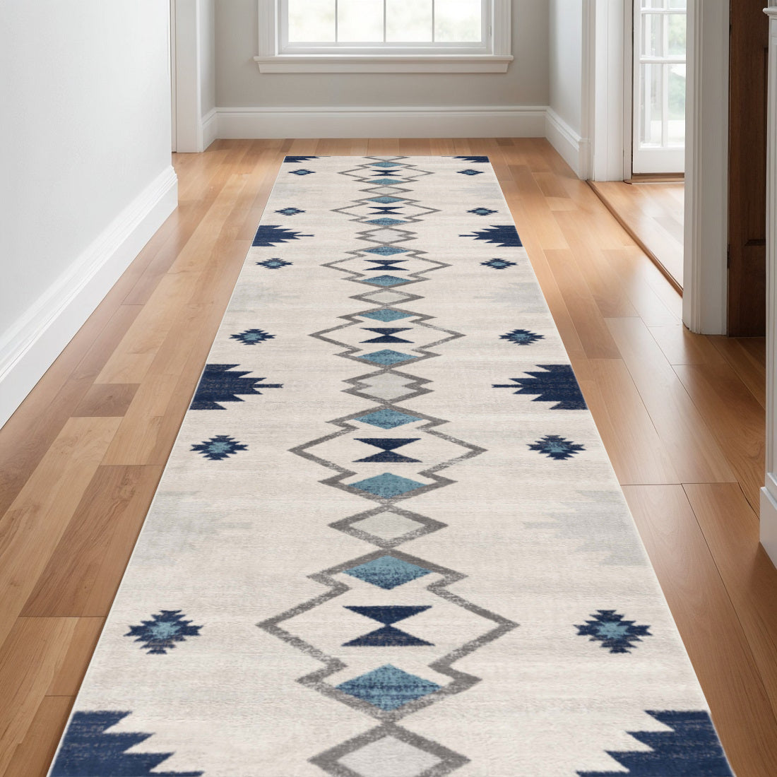 17 Runner Blue Beige And Gray Southwestern Runner Rug
