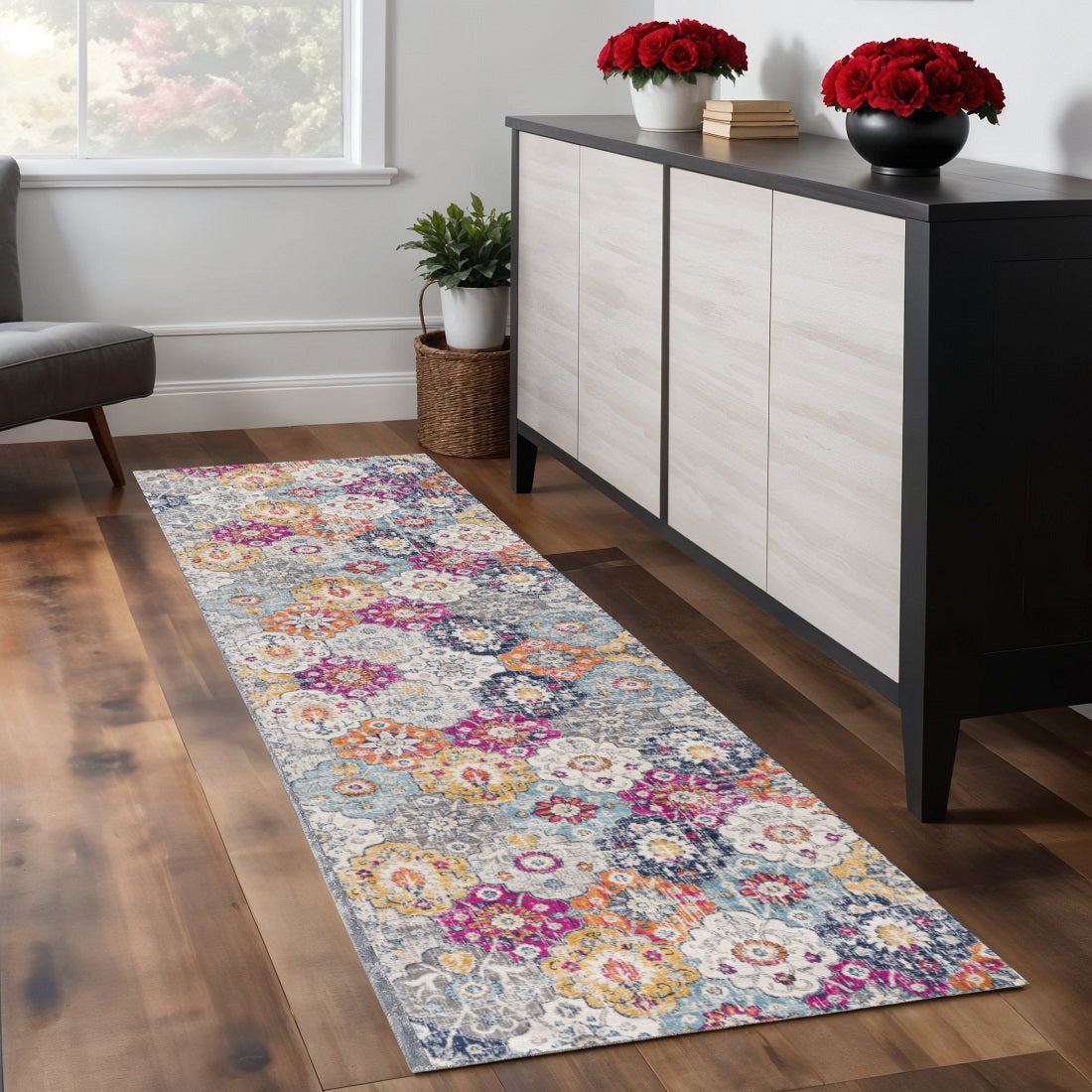 9 Rust Gray And Sky Blue Floral Runner Rug