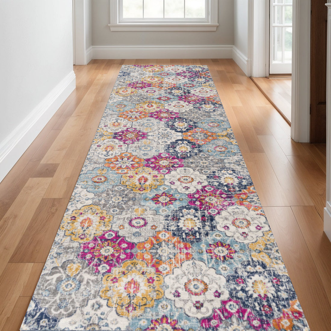 30 Runner Rust Gray And Sky Blue Floral Area Rug