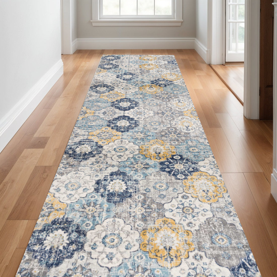 25 Runner Blue Gray And Gold Floral Medallion Runner Rug
